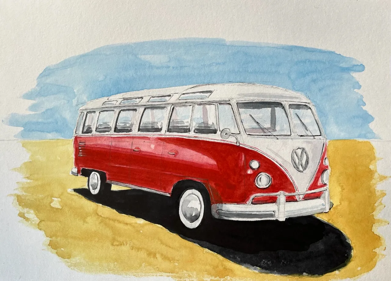 Aquarell eines roten VW-Bullis
